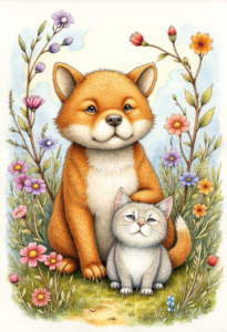 Digital Watercolor Fox and Cat